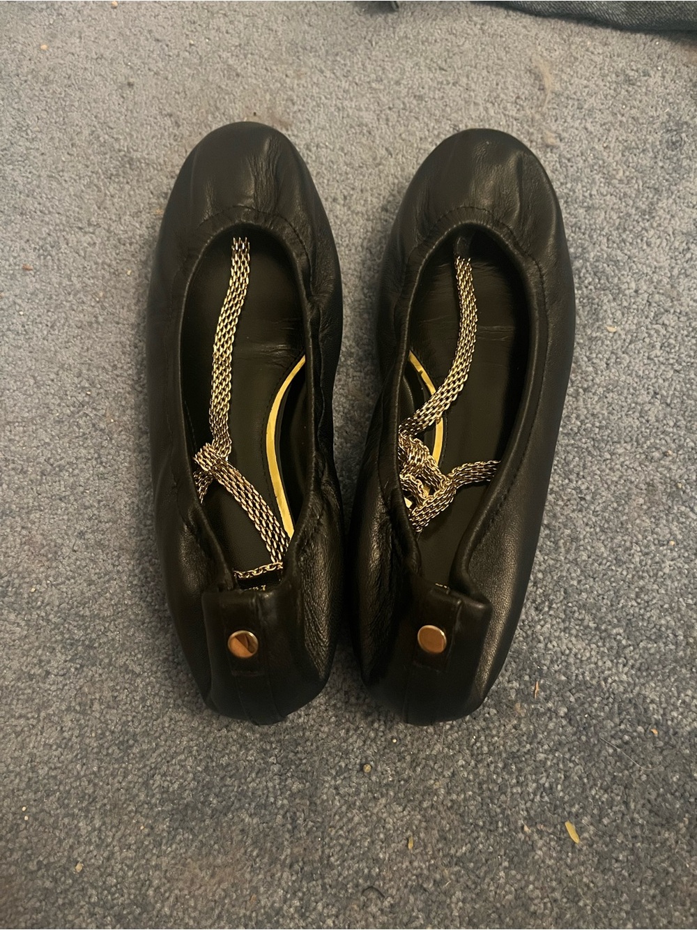 Lanvin Black Leather Ballet Flats with Gold Chain Detail